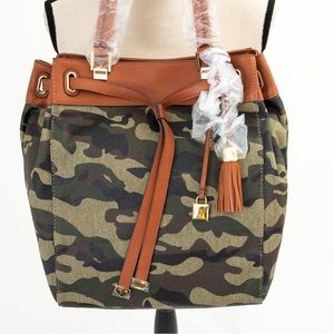 Camouflage large tote green with cognac brown leather trim & tassel G.I.L.I.